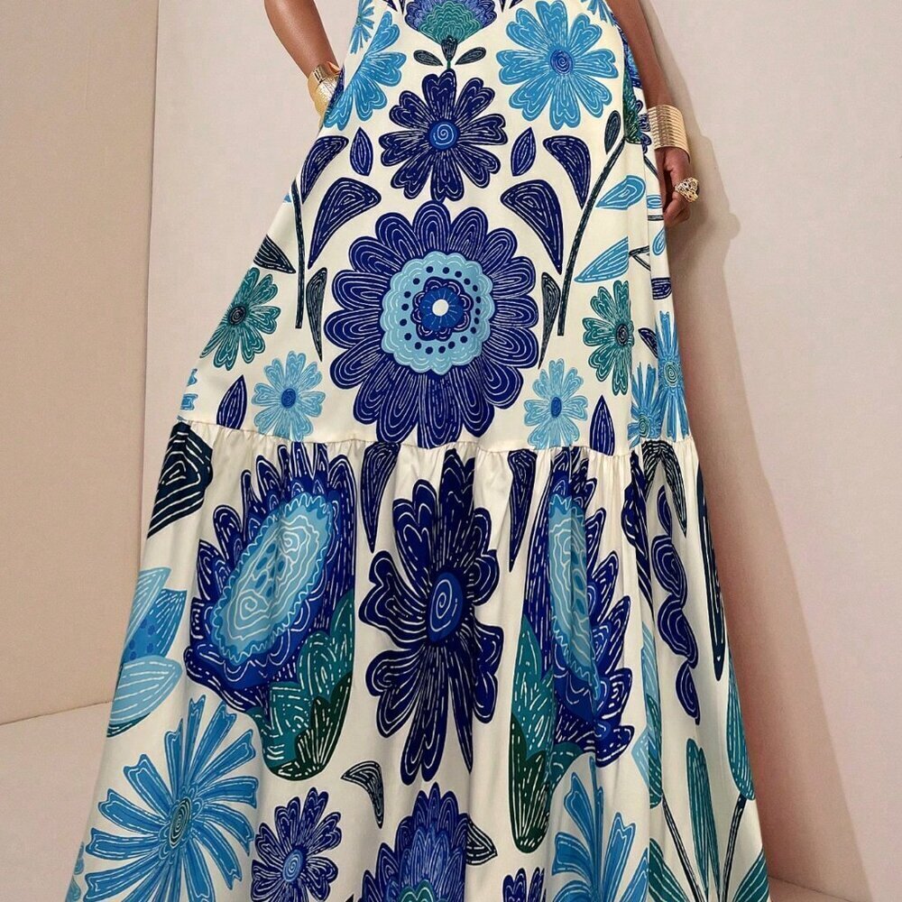 Blue Boho Women's Wave Wedding Cross Halter Neck Dress - Picture 3 of 6